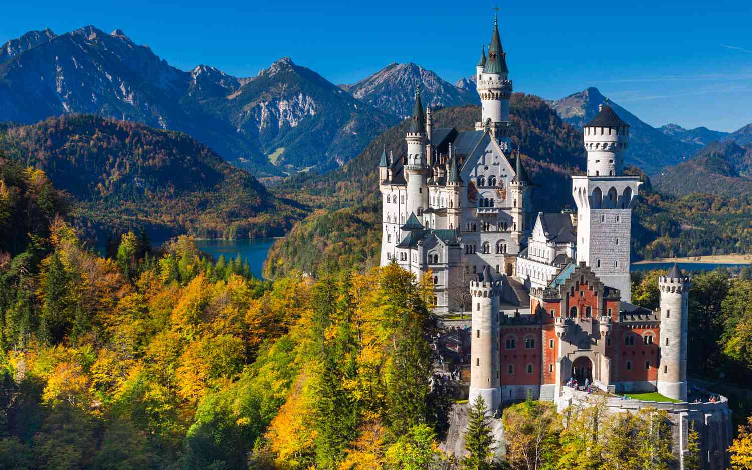 Schloss Neuschwanstein im Morgenlicht vor den Alpen